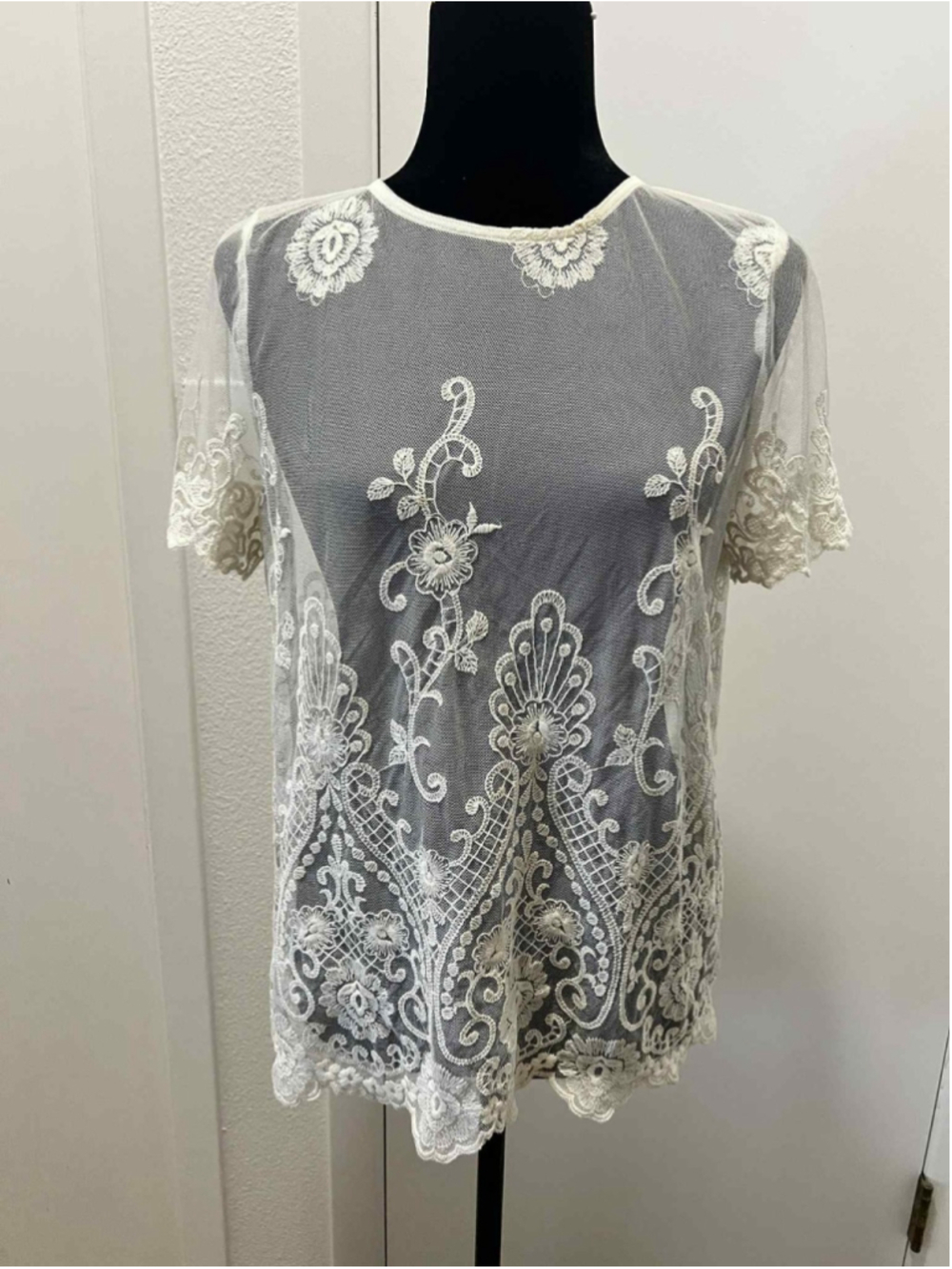 Miss Love Womens Medium Sheer Lace Embroidered Top Ivory Floral Boho Button Back